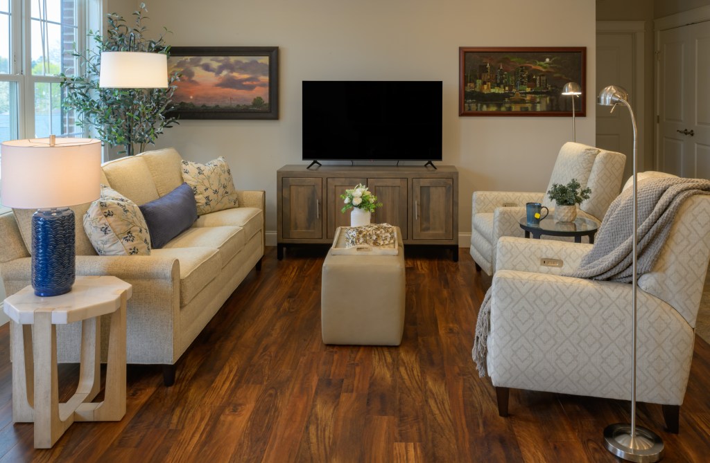 Retirement home apartment living room designed by Carolyn Martin Interior Design, Lititz, PA.
