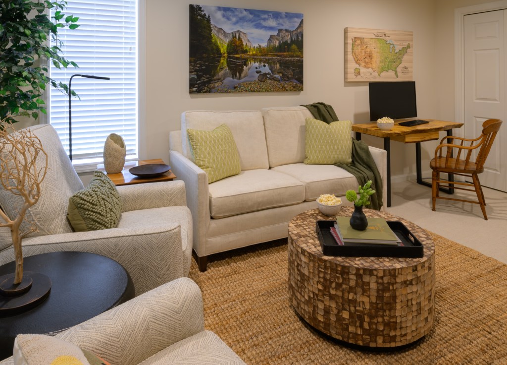 Textural interest in TV room with National Park theme designed by Carolyn Martin Interior Design, Manheim, PA.