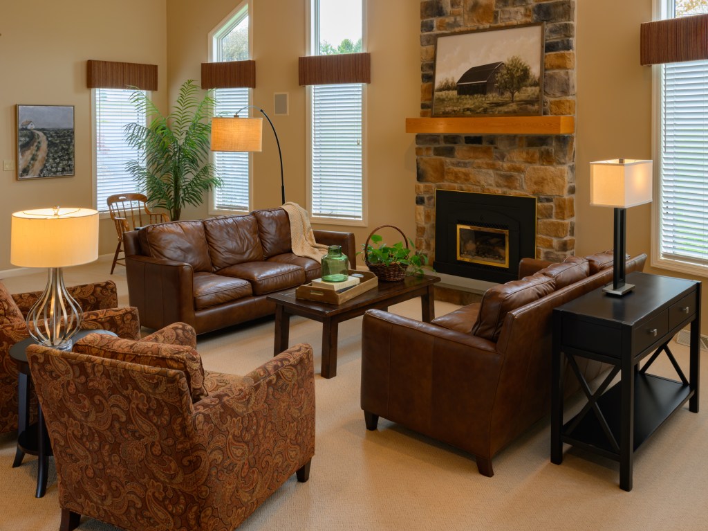 Cathedral ceiling great room with fireplace designed by Carolyn Martin Interior Design, Manheim, PA